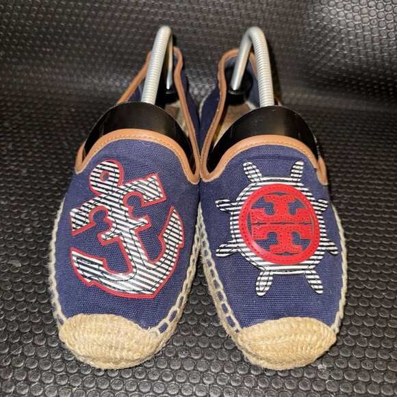 Tory Burch Flats Denim Navy Nautical Beach Slip On Fish Sailboat Women's Size 10 - Picture 2 of 10